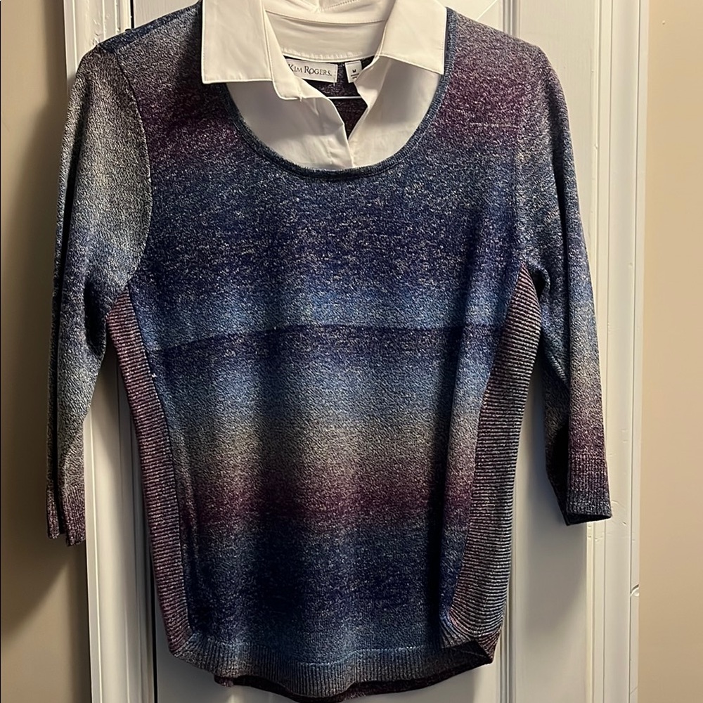 Kim Rogers blue/purple top with White Collar
